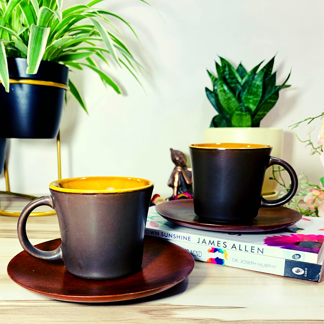 Homefrills Ceramic Hand Crafted Glossy Ceramic Tea/Coffee Cups Combo with Wooden Saucer (Brown) Suitable for Coffee, Tea, Juice, Cappuccino, etc. (150ml)Set of 2
